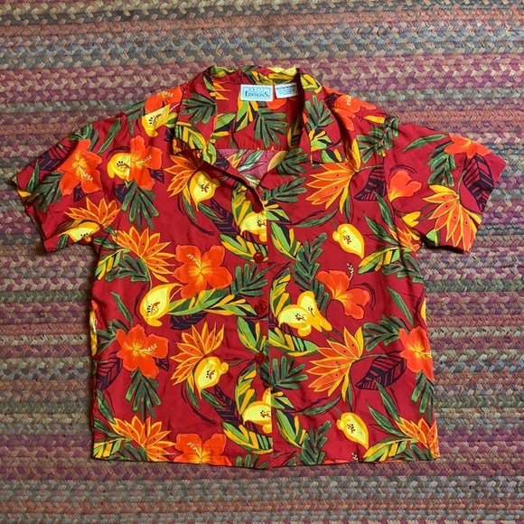 Vintage Tops - SOLD VINTAGE RED HAWAIIAN PRINT FLORAL FLOWER BUTTON UP SHIRT